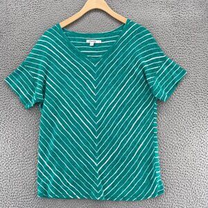 Chicos Top Womens 1 US Medium Green Linen Stripe Easy Tee Short Sleeve Stretch